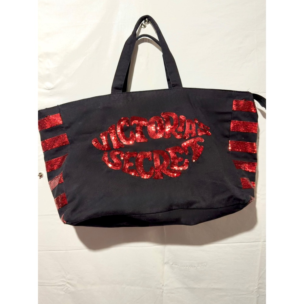 Victorias Secret Tote Bag Black Canvas with Red Sequin Lips Large Travel Bag